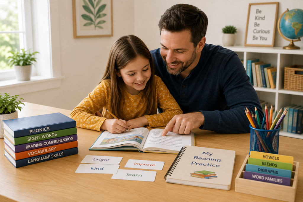 Father helping his daughter practice reading and literacy skills at a home learning table