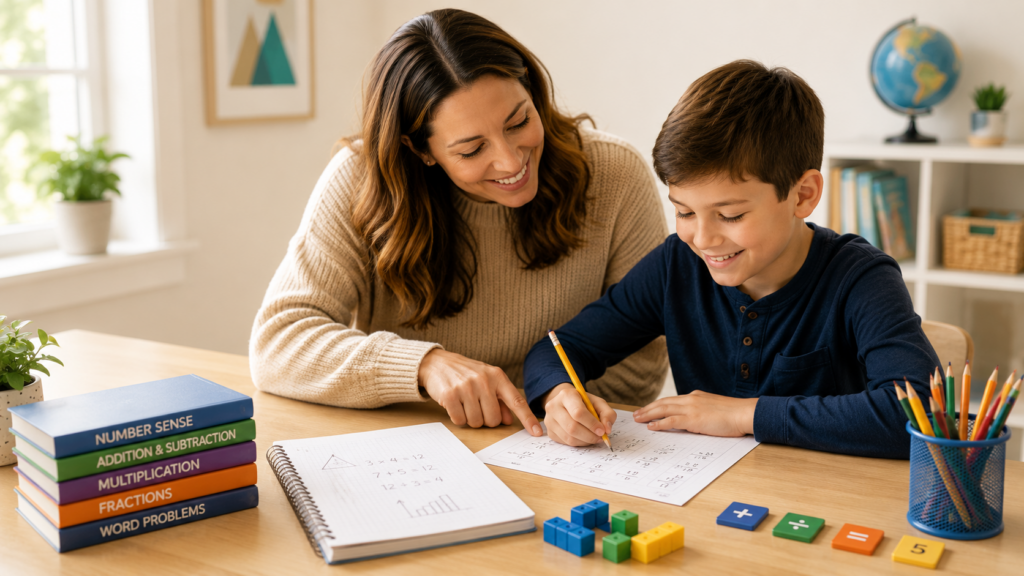 Parent helping a child practice math skills with worksheets and learning materials