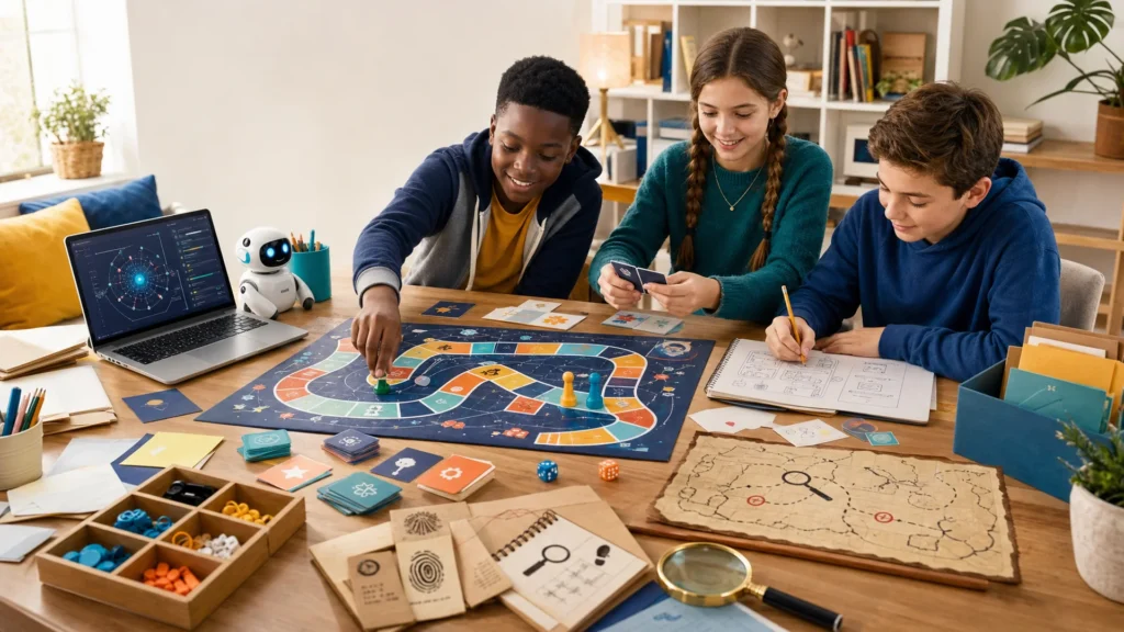 Children exploring artificial intelligence, game design, and future skills for kids through collaborative activities