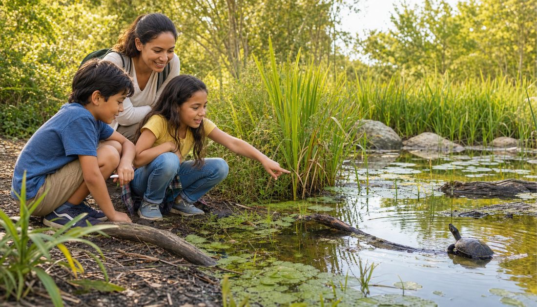 kids exploring an animal habitat at a pond