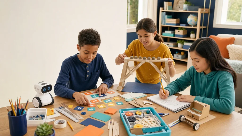 Children exploring coding, robotics, and engineering through STEM activities for kids