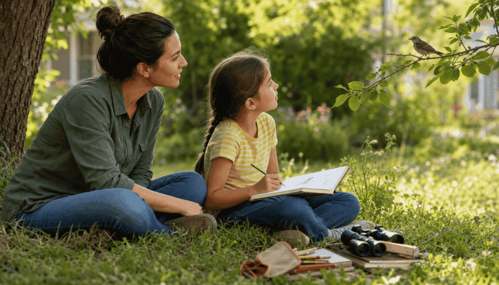 child nature journaling while observing a bird outdoors