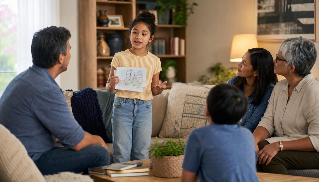 kids practicing speaking confidence during a family presentation