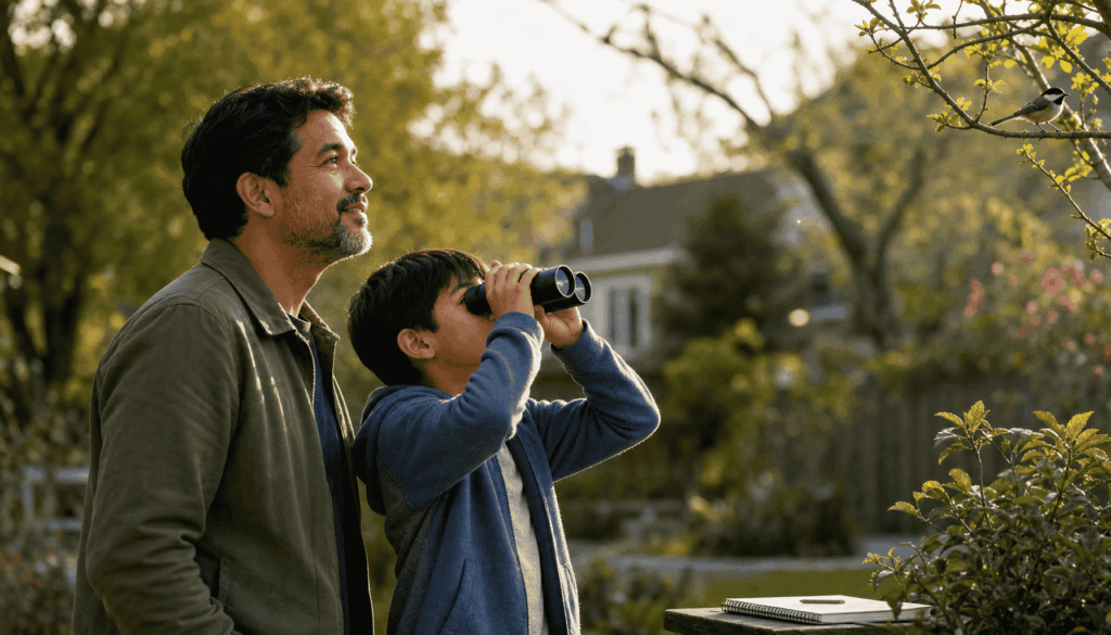 child bird watching with binoculars in a backyard