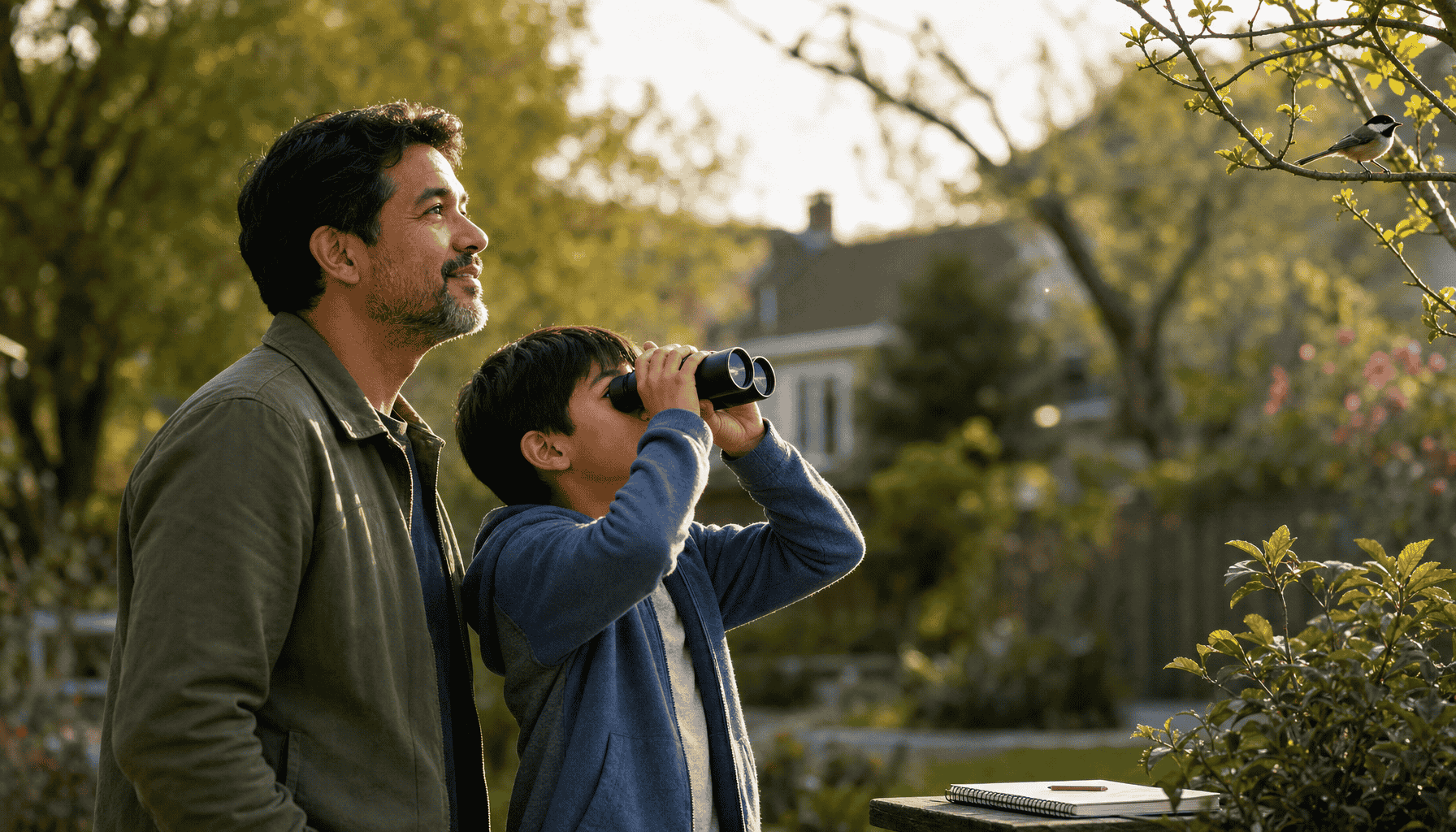 child bird watching with binoculars in a backyard