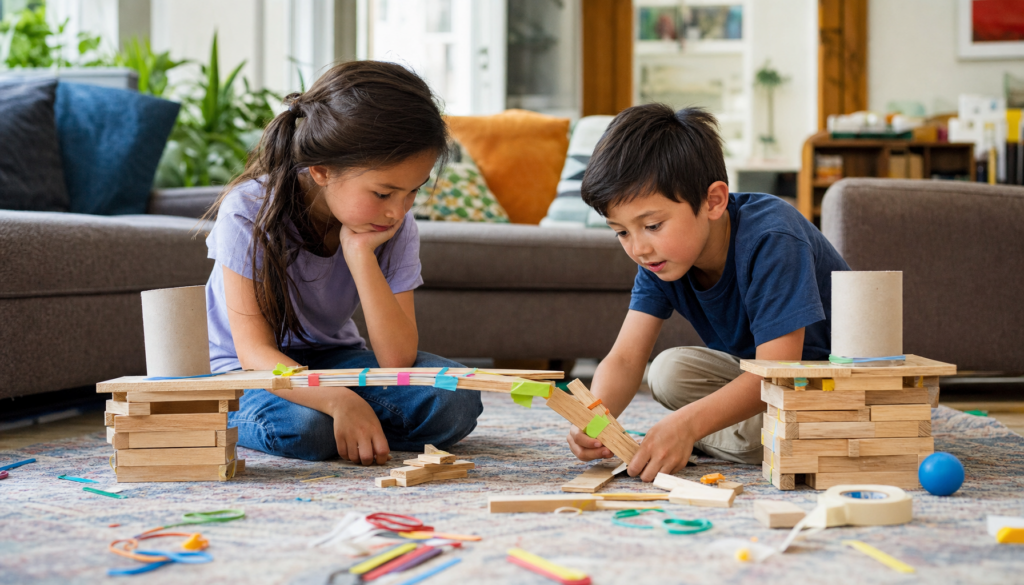 Children building and adjusting a wooden bridge to practice problem solving skills for kids