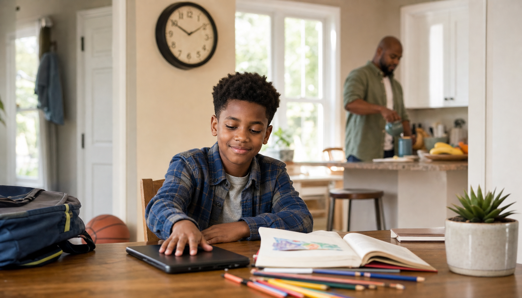 Child learning healthy screen time habits at home