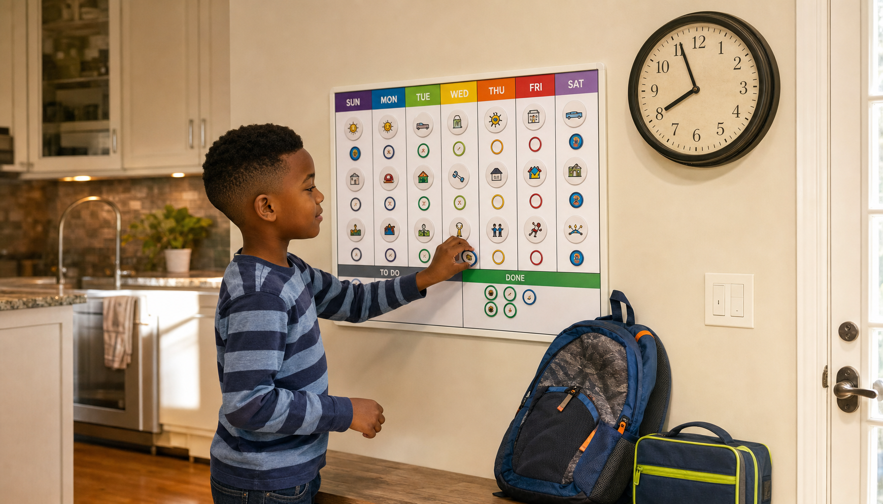 Child using a visual schedule to practice time management skills for kids